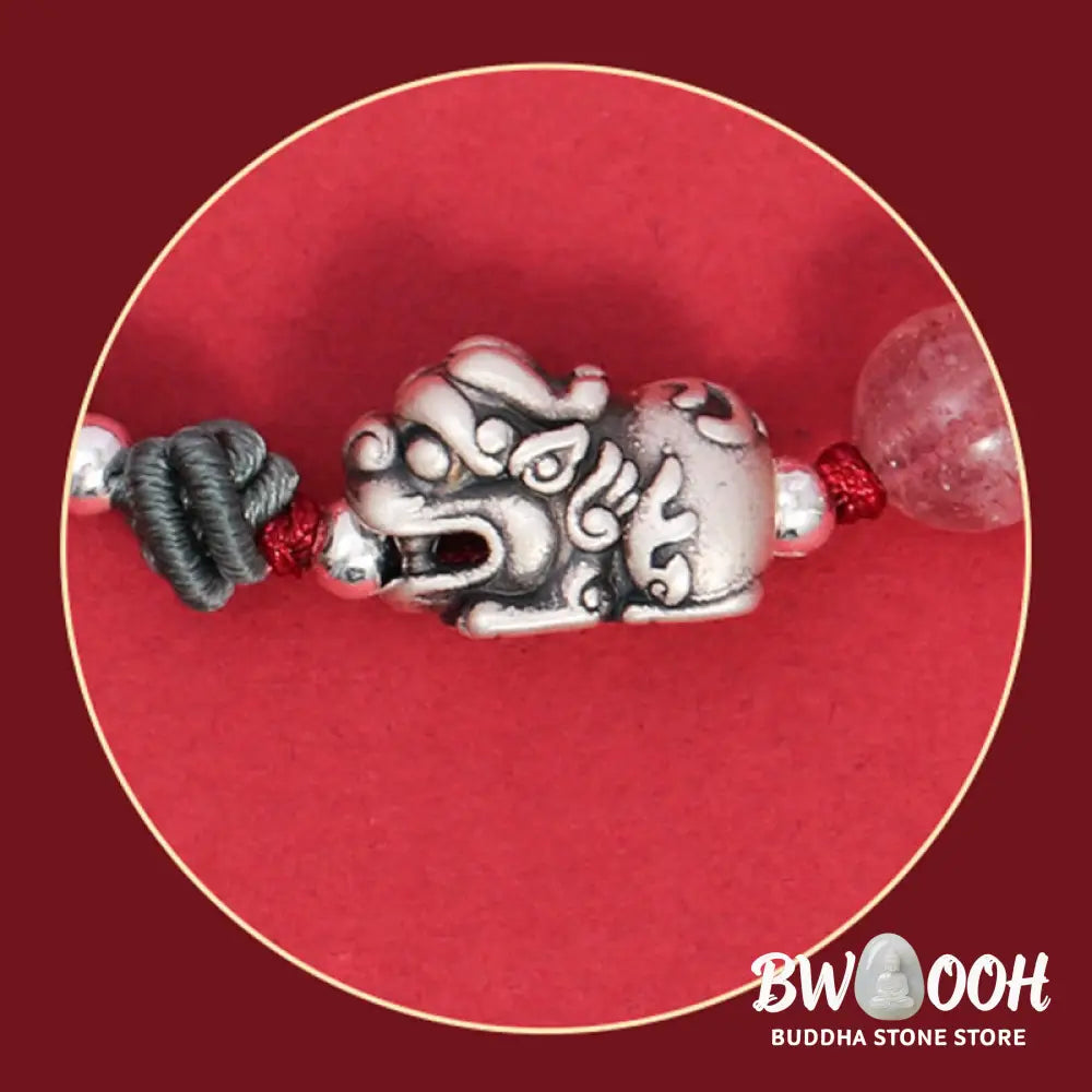 Buddha Stones 999 Sterling Silver PiXiu Strawberry Quartz Bead Wealth Luck Braided Bracelet - BWOOOH - Bracelet