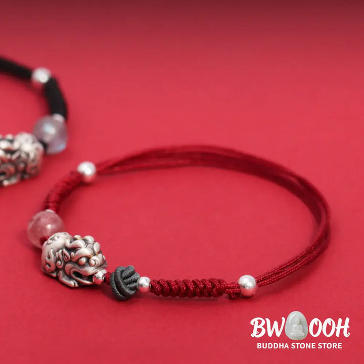 Buddha Stones 999 Sterling Silver PiXiu Strawberry Quartz Bead Wealth Luck Braided Bracelet - BWOOOH - Bracelet