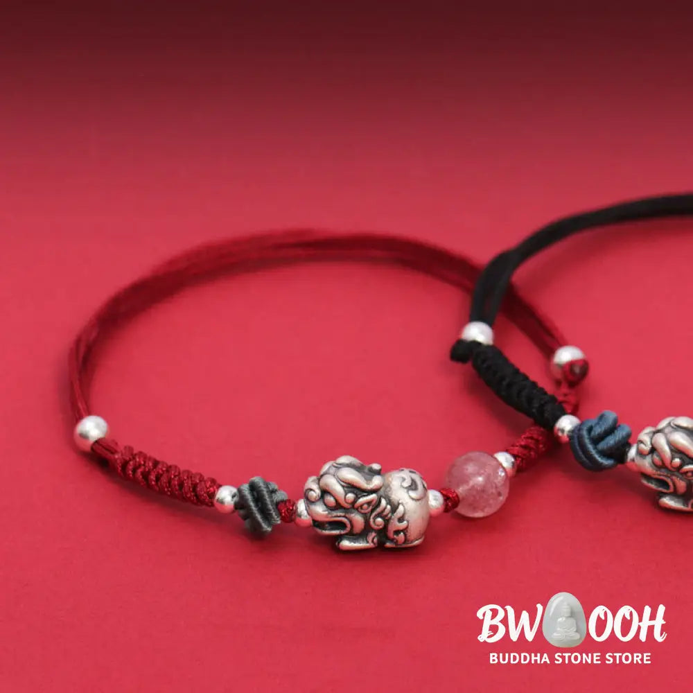 Buddha Stones 999 Sterling Silver PiXiu Strawberry Quartz Bead Wealth Luck Braided Bracelet - BWOOOH - Bracelet