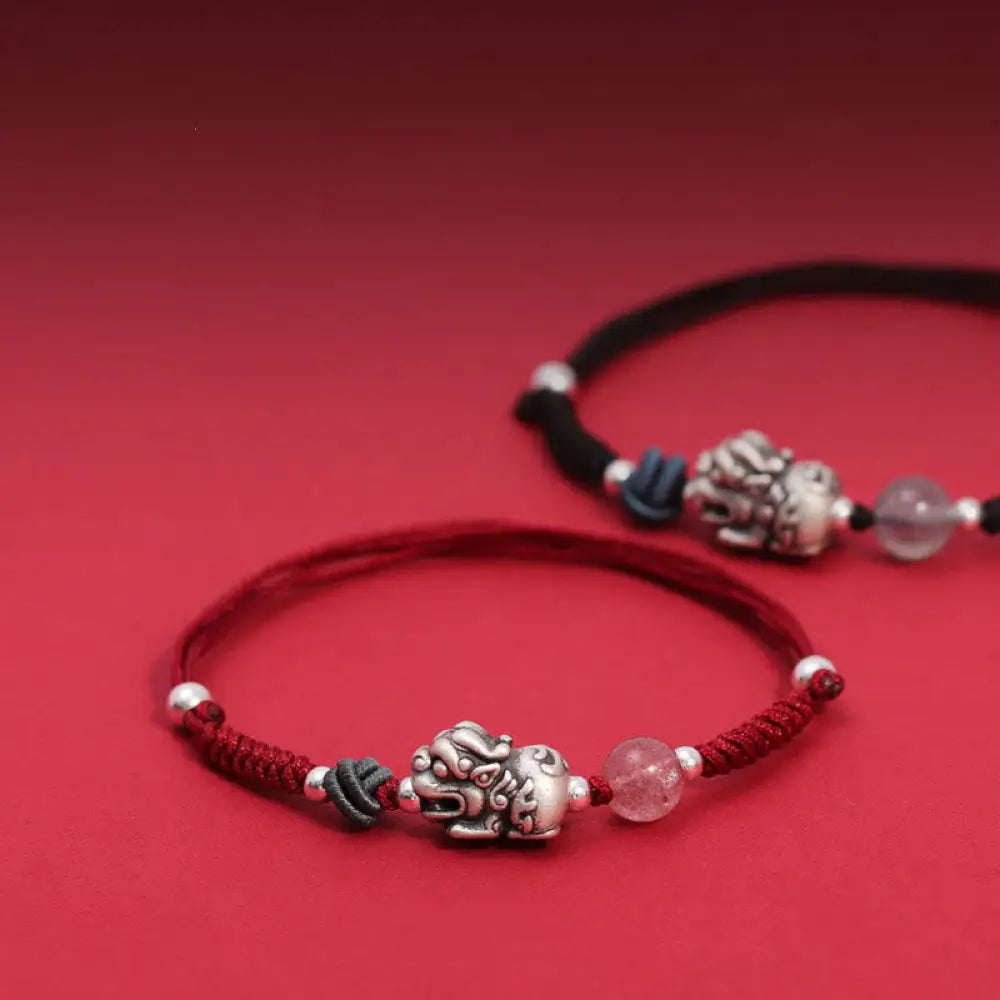 BWOOOH 999 Sterling Silver PiXiu Strawberry Quartz Bead Wealth Luck Braided Bracelet - BWOOOH - Bracelet