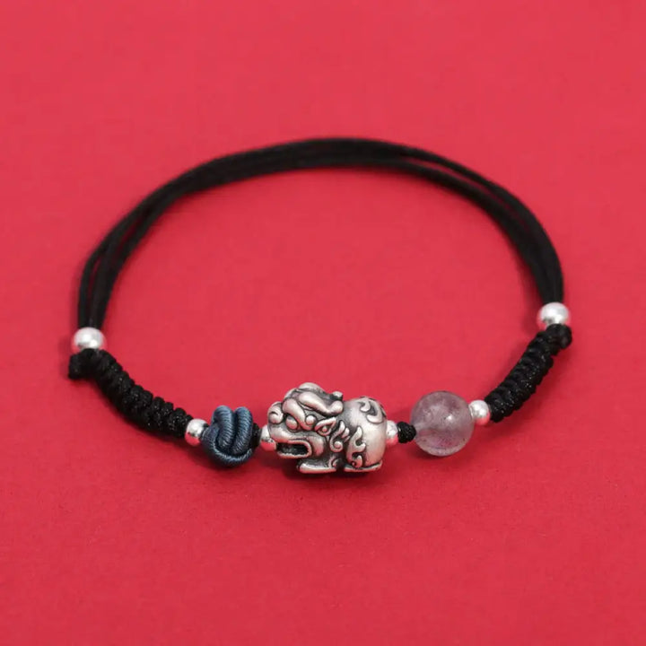 Buddha Stones 999 Sterling Silver PiXiu Strawberry Quartz Bead Wealth Luck Braided Bracelet - BWOOOH - Black Rope(Wrist