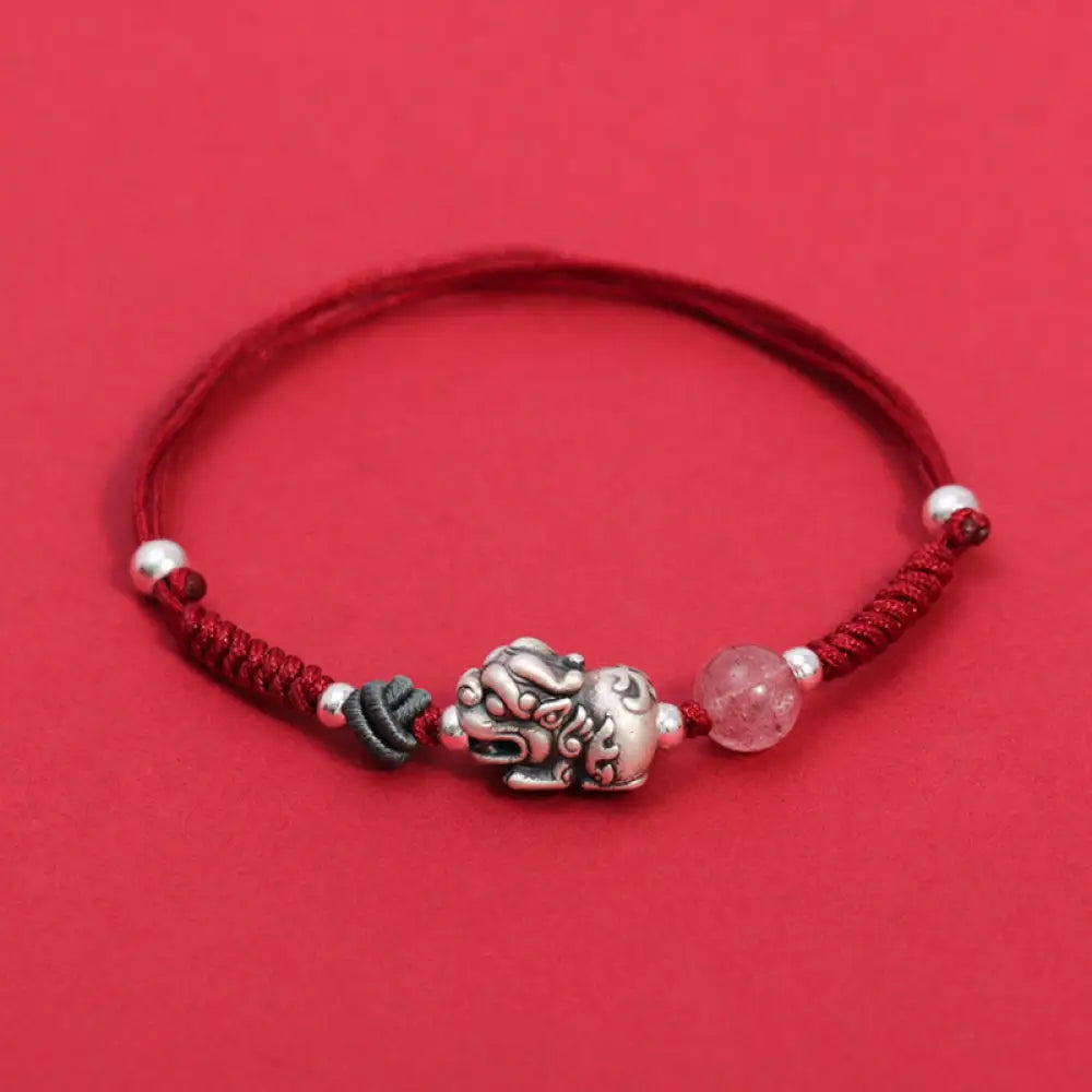 Buddha Stones 999 Sterling Silver PiXiu Strawberry Quartz Bead Wealth Luck Braided Bracelet - BWOOOH - Red Rope(Wrist