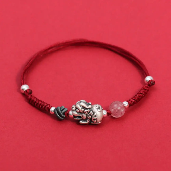 Buddha Stones 999 Sterling Silver PiXiu Strawberry Quartz Bead Wealth Luck Braided Bracelet - BWOOOH - Red Rope(Wrist