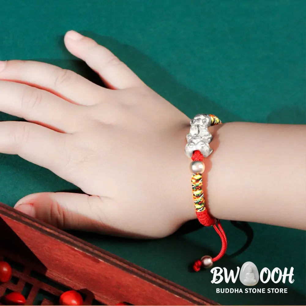 BWOOOH 999 Sterling Silver PiXiu Wealth King Kong Knot String Braided Kids Child Bracel | spiritual healing bracelet