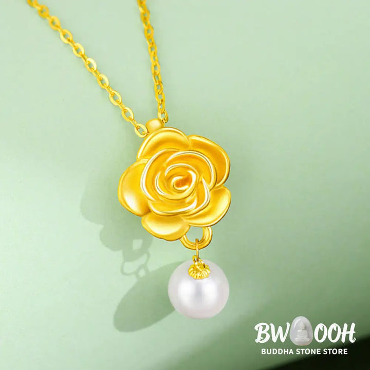 Buddha Stones 999 Sterling Silver Plated Gold Camellia Pearl Healing Necklace Pendant - BWOOOH - 999 Sterling Silver &amp;