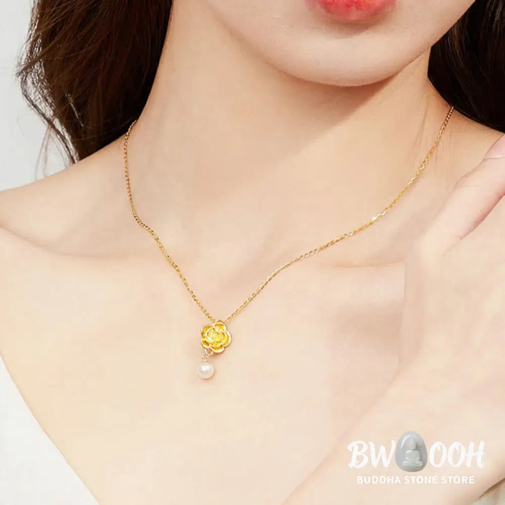 Buddha Stones 999 Sterling Silver Plated Gold Camellia Pearl Healing Necklace Pendant - BWOOOH - 999 Sterling Silver &amp;