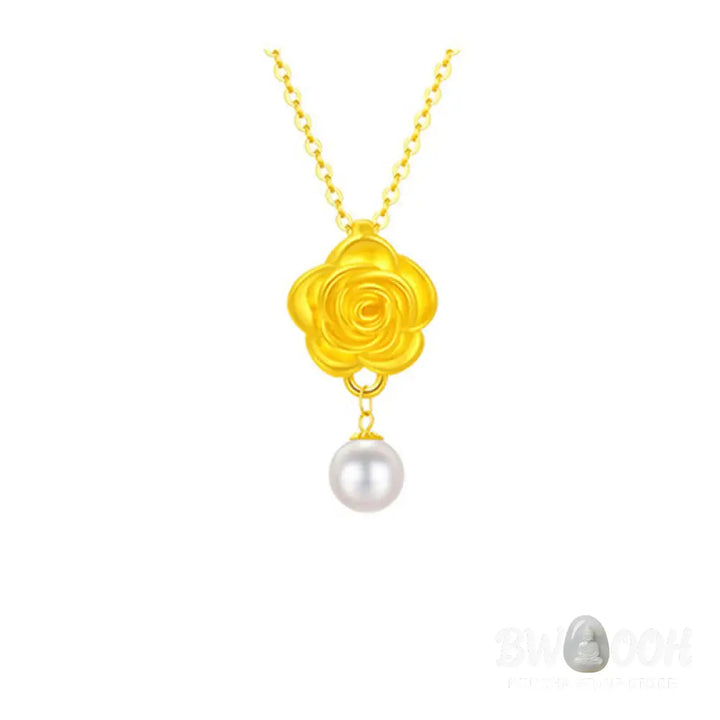 Buddha Stones 999 Sterling Silver Plated Gold Camellia Pearl Healing Necklace Pendant - BWOOOH - 999 Sterling Silver &amp;