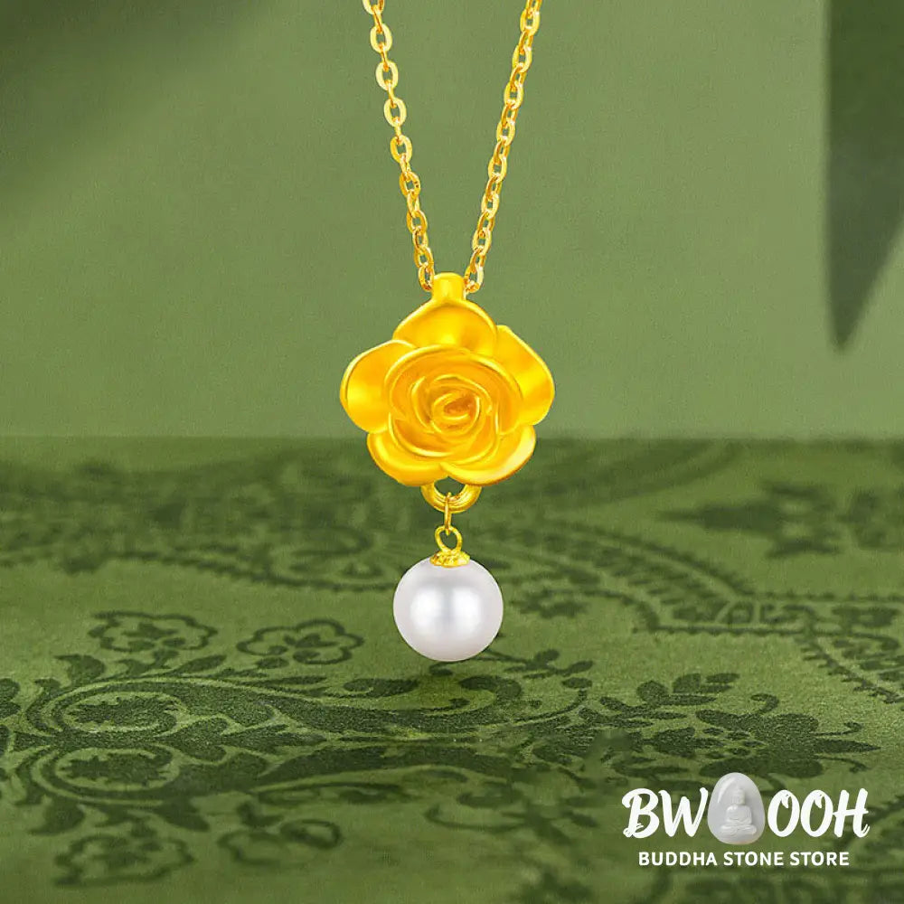 Buddha Stones 999 Sterling Silver Plated Gold Camellia Pearl Healing Necklace Pendant - BWOOOH - 999 Sterling Silver &amp;