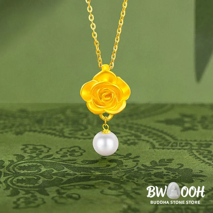 Buddha Stones 999 Sterling Silver Plated Gold Camellia Pearl Healing Necklace Pendant - BWOOOH - 999 Sterling Silver &amp;