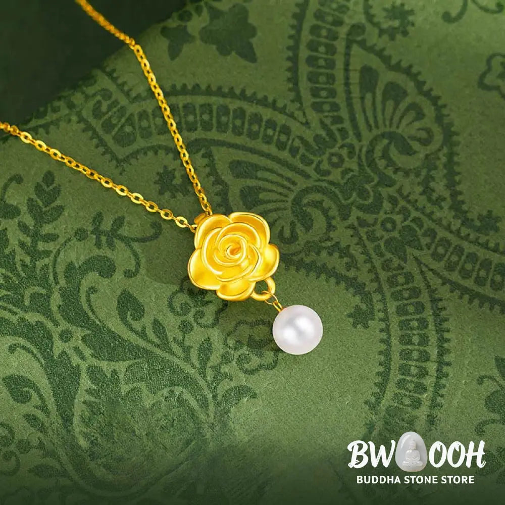 Buddha Stones 999 Sterling Silver Plated Gold Camellia Pearl Healing Necklace Pendant - BWOOOH - 999 Sterling Silver &