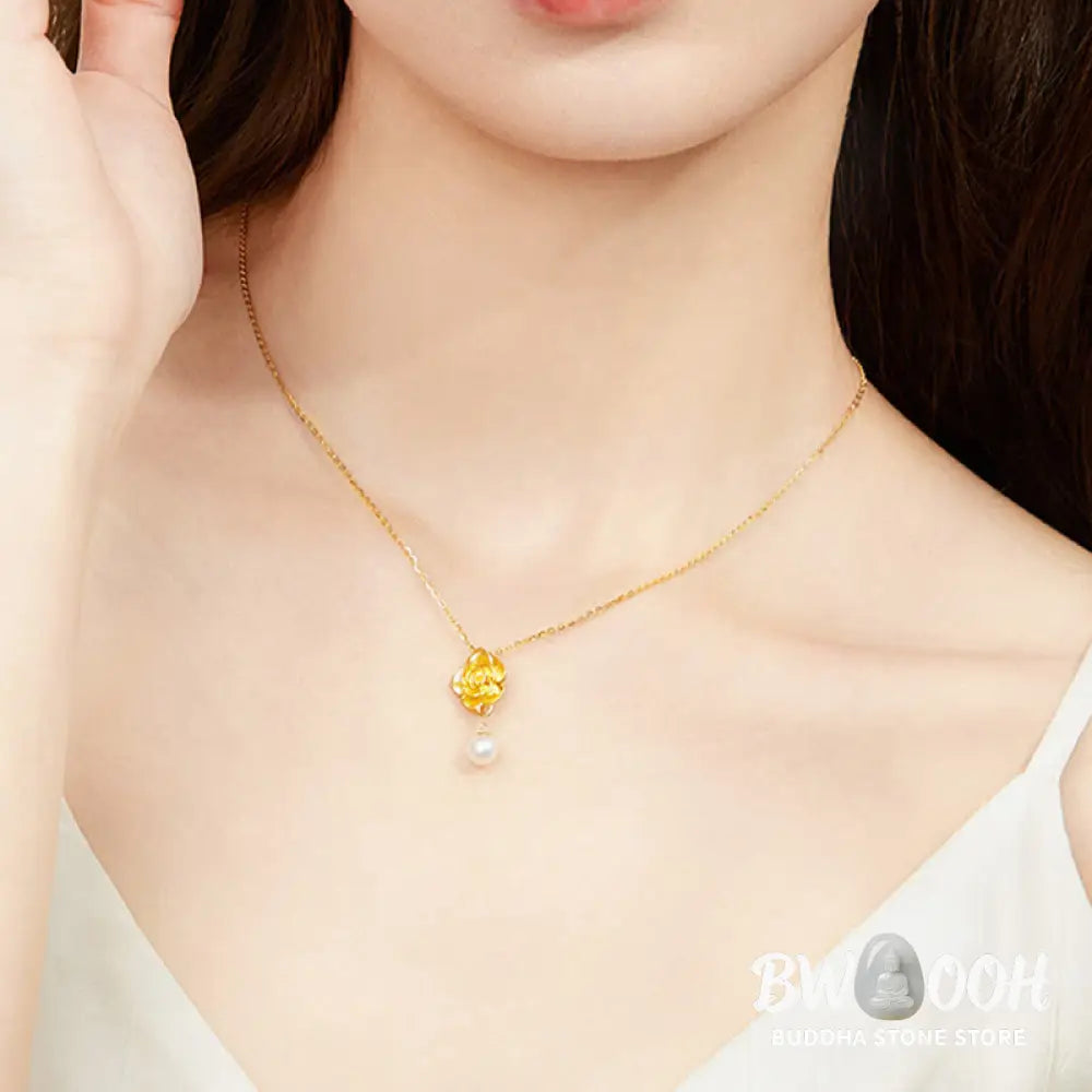 Buddha Stones 999 Sterling Silver Plated Gold Camellia Pearl Healing Necklace Pendant - BWOOOH - 999 Sterling Silver &amp;