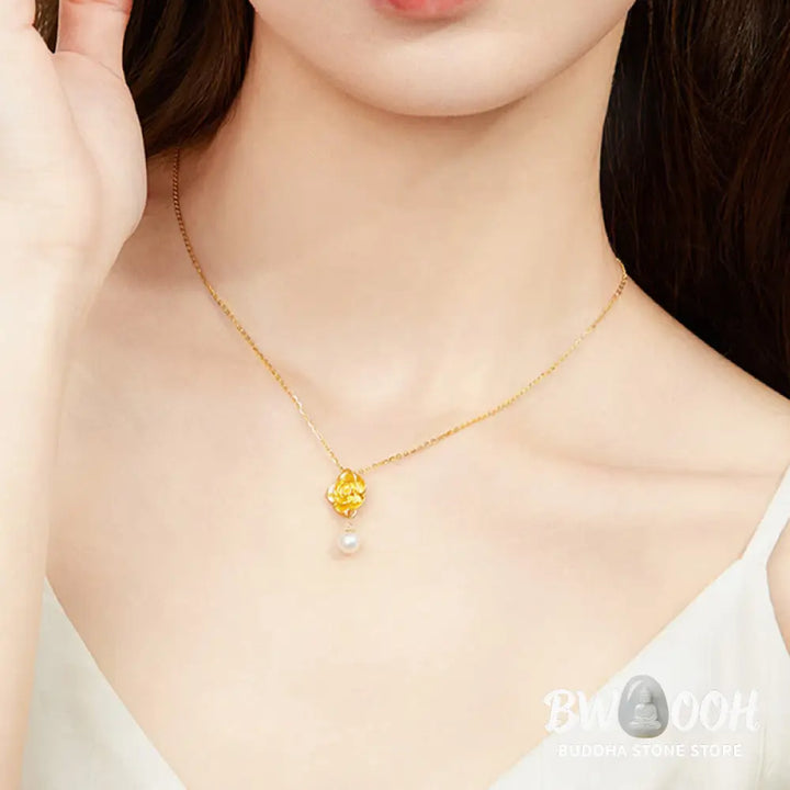 Buddha Stones 999 Sterling Silver Plated Gold Camellia Pearl Healing Necklace Pendant - BWOOOH - 999 Sterling Silver &amp;