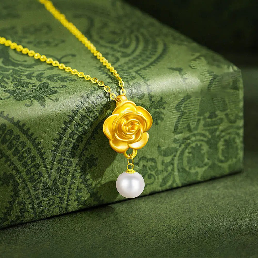 Buddha Stones 999 Sterling Silver Plated Gold Camellia Pearl Healing Necklace Pendant - BWOOOH - 999 Sterling Silver &