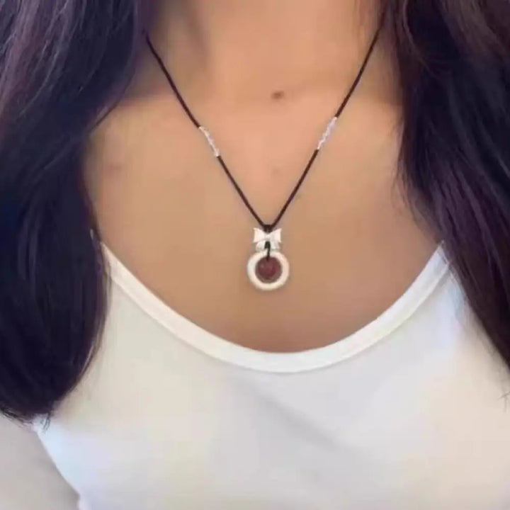 BWOOOH 999 Sterling Silver Red Agate Peace Buckle Blessing Necklace. Handmade woven design, vibrant red agate, auspicious peace buckle for protection and tranquility. - View 5