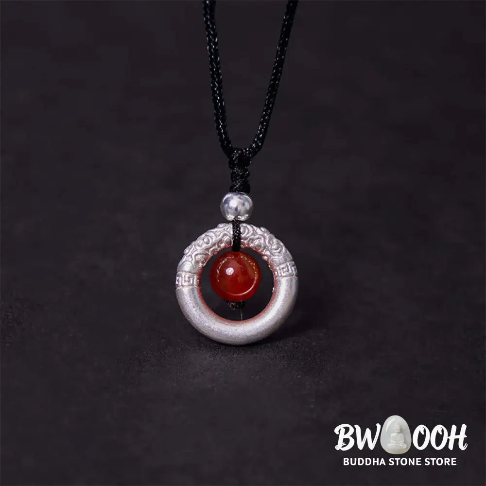 BWOOOH 999 Sterling Silver Red Agate Peace Buckle Blessing Necklace. Handmade woven design, vibrant red agate, auspicious peace buckle for protection and tranquility. - View 4