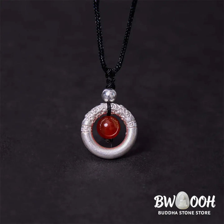 BWOOOH 999 Sterling Silver Red Agate Peace Buckle Blessing Necklace. Handmade woven design, vibrant red agate, auspicious peace buckle for protection and tranquility. - View 4