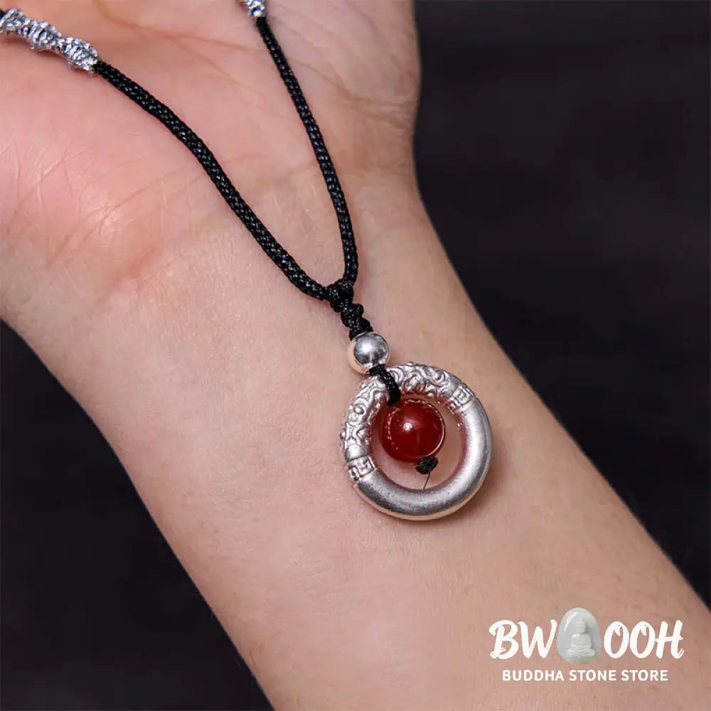 BWOOOH 999 Sterling Silver Red Agate Peace Buckle Blessing Necklace. Handmade woven design, vibrant red agate, auspicious peace buckle for protection and tranquility. - View 10