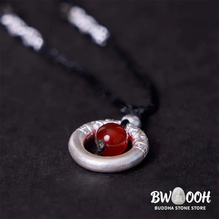 BWOOOH 999 Sterling Silver Red Agate Peace Buckle Blessing Necklace. Handmade woven design, vibrant red agate, auspicious peace buckle for protection and tranquility. - View 3