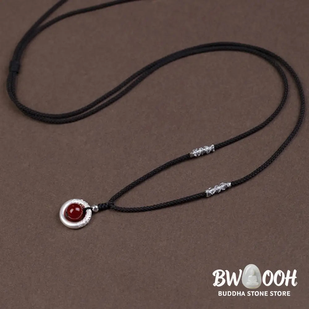 BWOOOH 999 Sterling Silver Red Agate Peace Buckle Blessing Necklace. Handmade woven design, vibrant red agate, auspicious peace buckle for protection and tranquility. - View 8