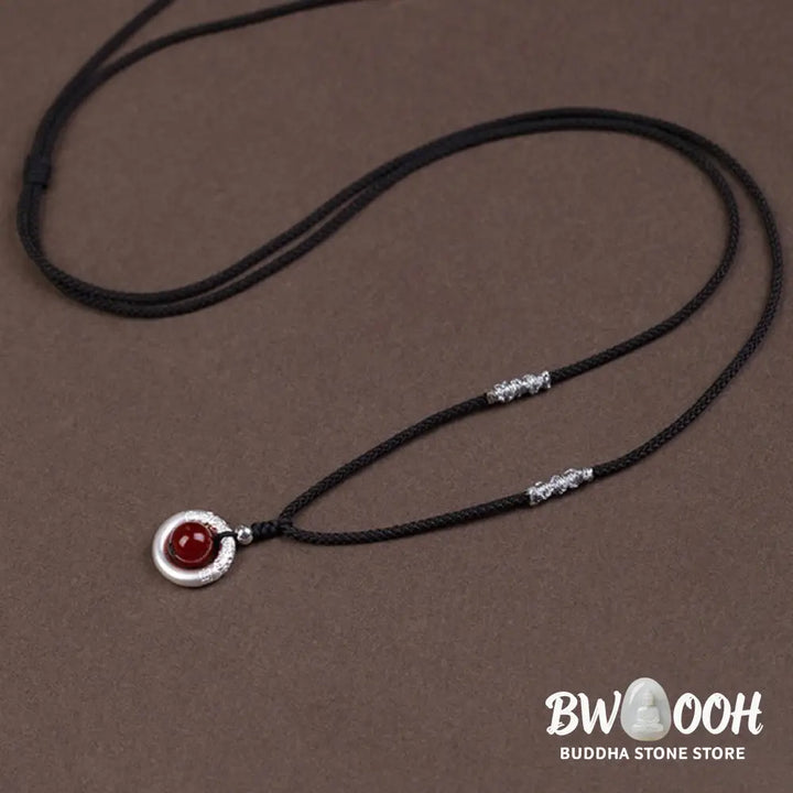 BWOOOH 999 Sterling Silver Red Agate Peace Buckle Blessing Necklace. Handmade woven design, vibrant red agate, auspicious peace buckle for protection and tranquility. - View 8