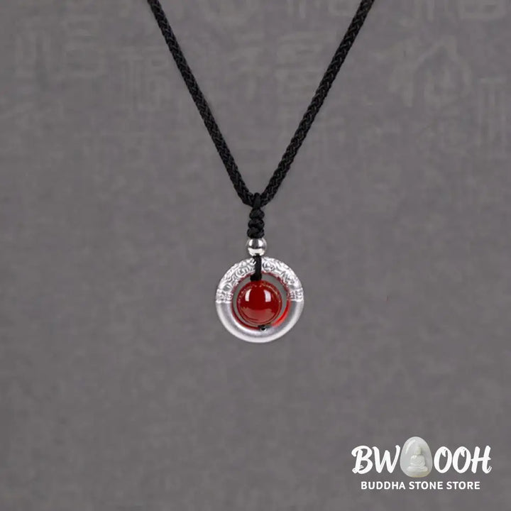 BWOOOH 999 Sterling Silver Red Agate Peace Buckle Blessing Necklace. Handmade woven design, vibrant red agate, auspicious peace buckle for protection and tranquility. - View 9