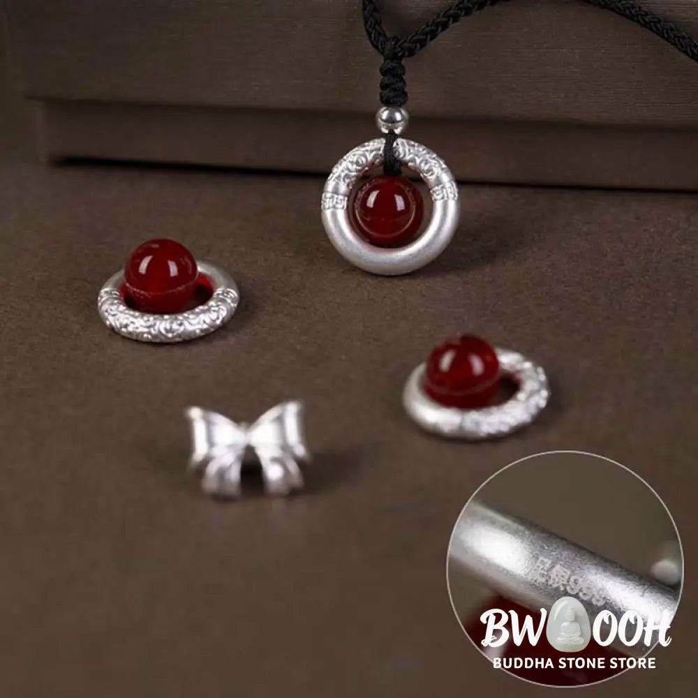 BWOOOH 999 Sterling Silver Red Agate Peace Buckle Blessing Necklace. Handmade woven design, vibrant red agate, auspicious peace buckle for protection and tranquility. - View 7
