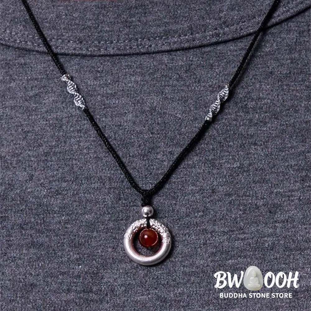 BWOOOH 999 Sterling Silver Red Agate Peace Buckle Blessing Necklace. Handmade woven design, vibrant red agate, auspicious peace buckle for protection and tranquility. - View 11