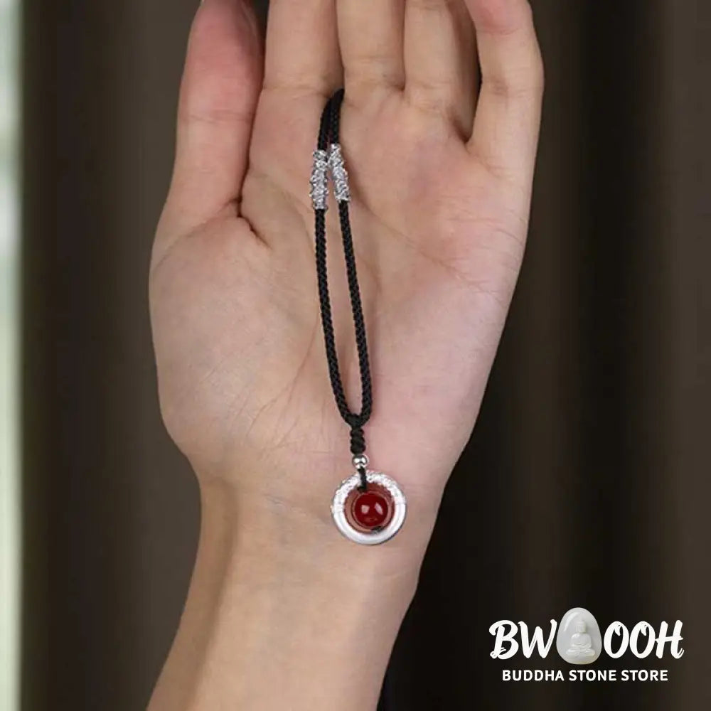 BWOOOH 999 Sterling Silver Red Agate Peace Buckle Blessing Necklace. Handmade woven design, vibrant red agate, auspicious peace buckle for protection and tranquility. - View 6