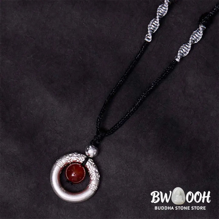 BWOOOH 999 Sterling Silver Red Agate Peace Buckle Blessing Necklace. Handmade woven design, vibrant red agate, auspicious peace buckle for protection and tranquility. - View 2