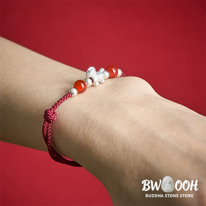 Buddha Stones 999 Sterling Silver Red Agate Year Of The Horse Prosperity String Bracelet - Bracelet