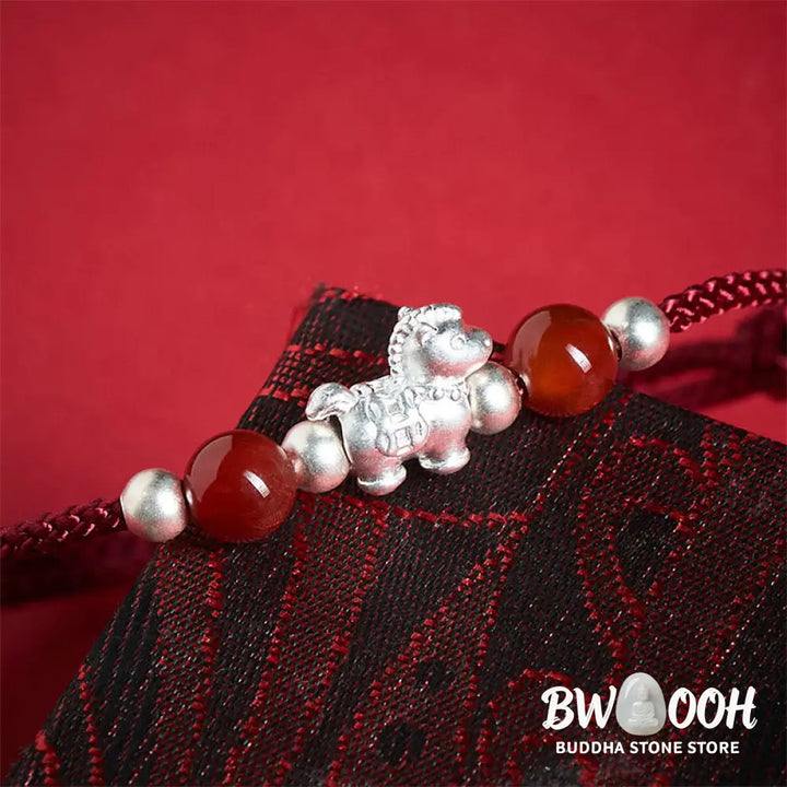 Buddha Stones 999 Sterling Silver Red Agate Year Of The Horse Prosperity String Bracelet - Bracelet