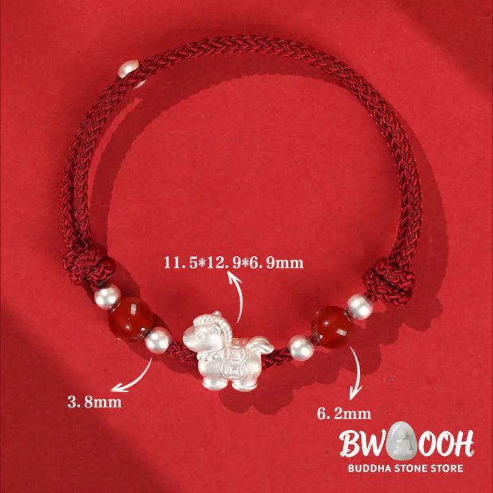Buddha Stones 999 Sterling Silver Red Agate Year Of The Horse Prosperity String Bracelet - Bracelet