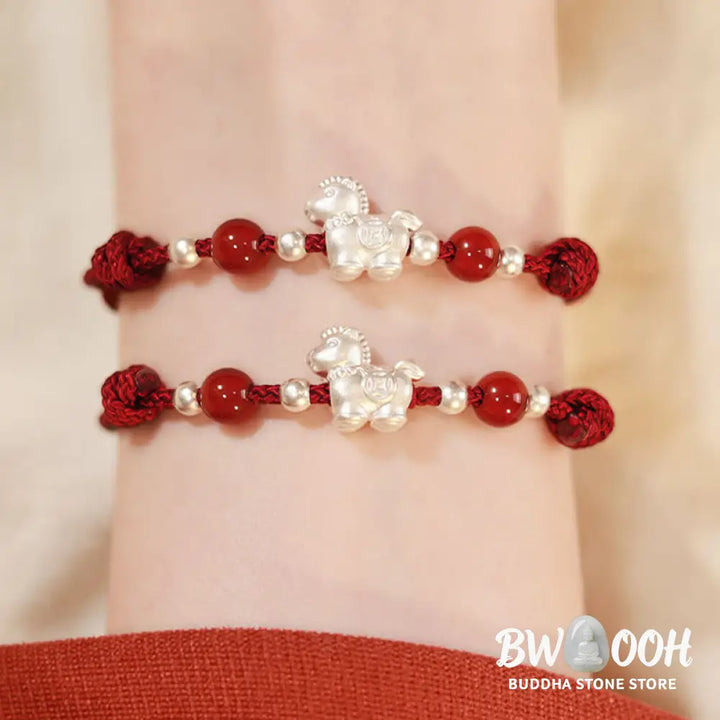 Buddha Stones 999 Sterling Silver Red Agate Year Of The Horse Prosperity String Bracelet - Bracelet