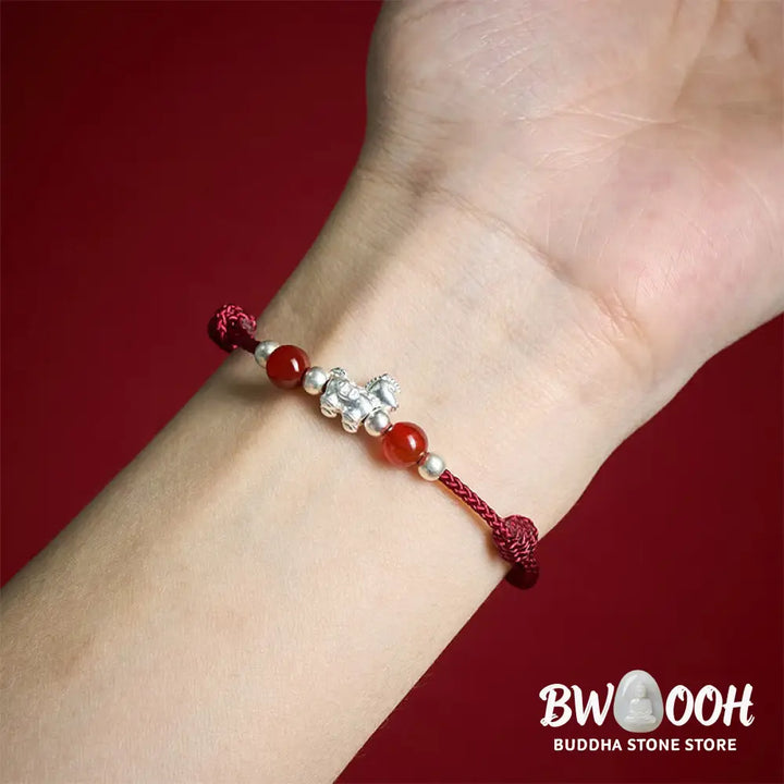 Buddha Stones 999 Sterling Silver Red Agate Year Of The Horse Prosperity String Bracelet - Bracelet