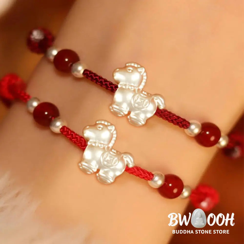 Buddha Stones 999 Sterling Silver Red Agate Year Of The Horse Prosperity String Bracelet - Bracelet
