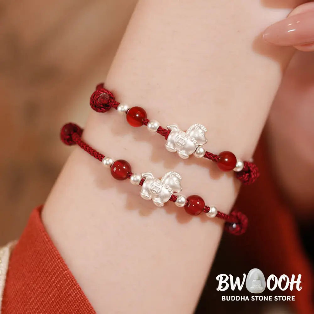 Buddha Stones 999 Sterling Silver Red Agate Year Of The Horse Prosperity String Bracelet - Bracelet