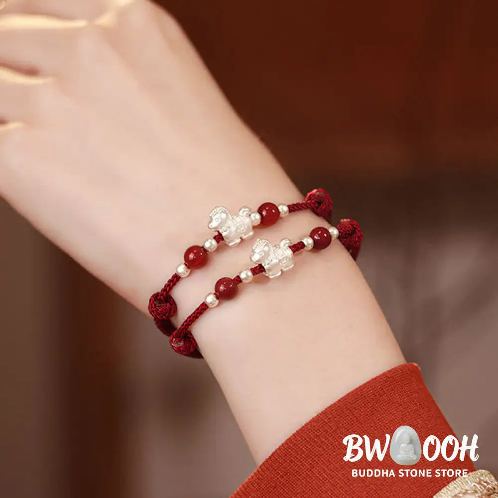 Buddha Stones 999 Sterling Silver Red Agate Year Of The Horse Prosperity String Bracelet - Bracelet