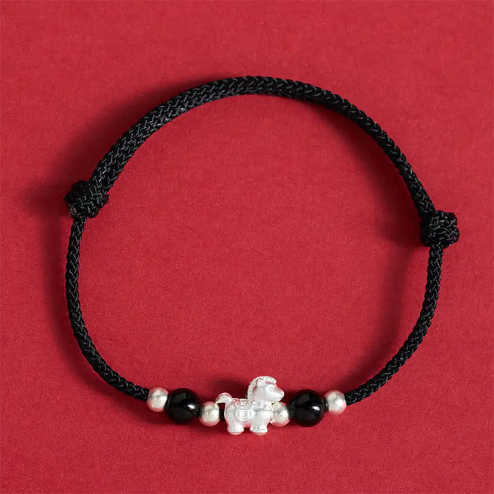 Buddha Stones 999 Sterling Silver Red Agate Year Of The Horse Prosperity String Bracelet - Black Rope(Wrist