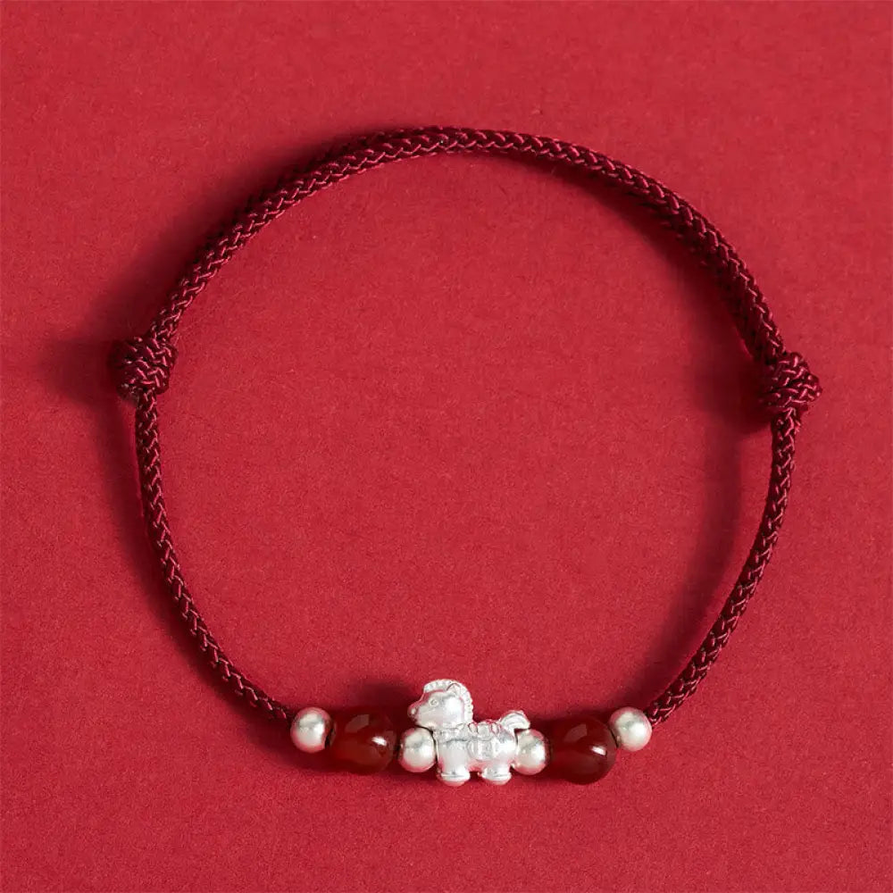 Buddha Stones 999 Sterling Silver Red Agate Year Of The Horse Prosperity String Bracelet - DarkRed Rope(Wrist