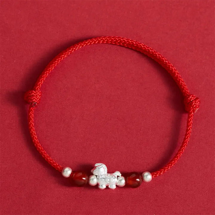 Buddha Stones 999 Sterling Silver Red Agate Year Of The Horse Prosperity String Bracelet - Red Rope(Wrist