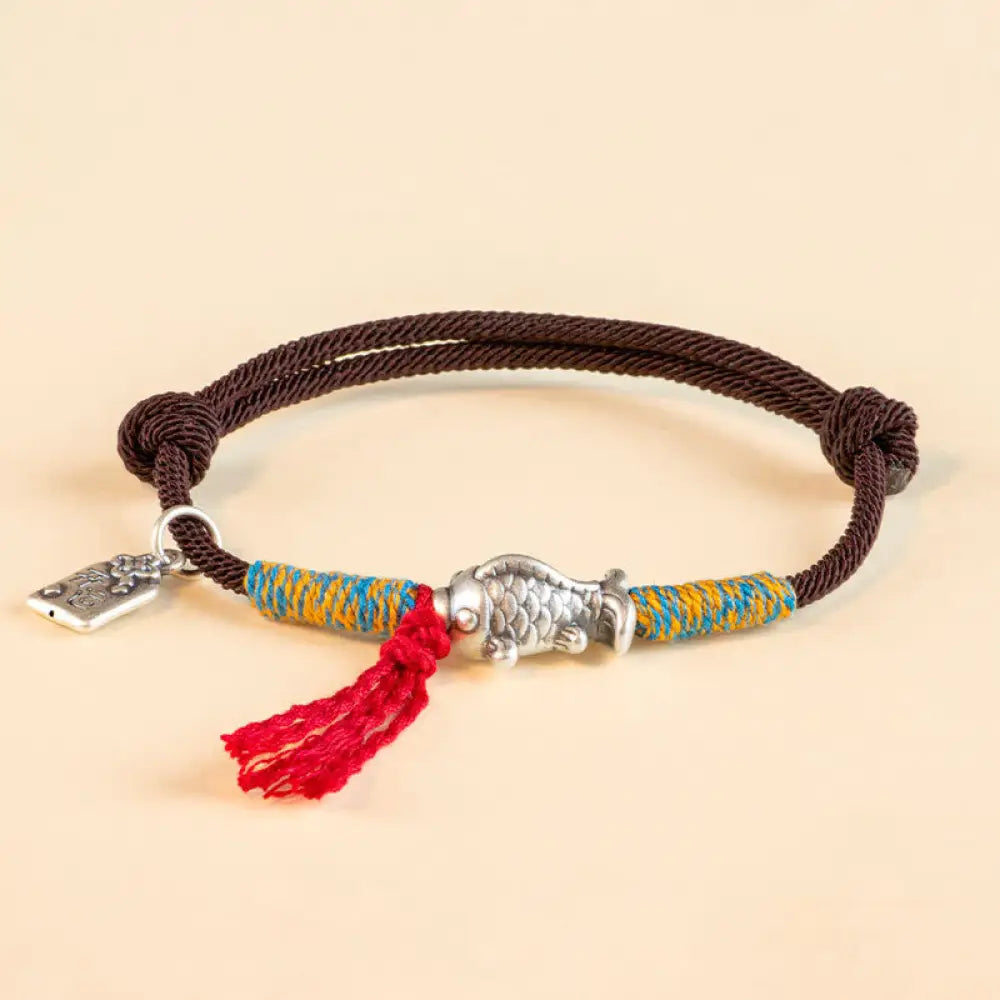 Buddha Stones 999 Sterling Silver Red String Lucky Koi Fish Protection Bracelet - BWOOOH - Brown(Wrist Circumference