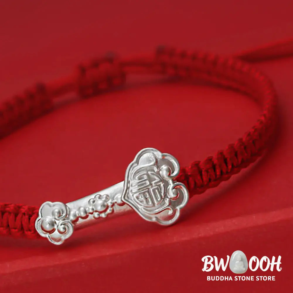 Buddha Stones 999 Sterling Silver Ruyi Fu Character Luck Red String Connection Braided Bracelet - Bracelet