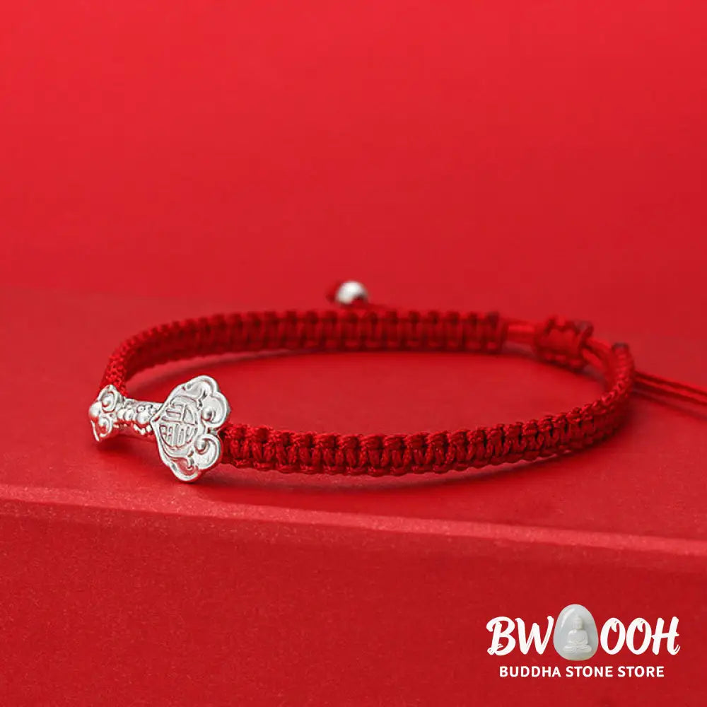 Buddha Stones 999 Sterling Silver Ruyi Fu Character Luck Red String Connection Braided Bracelet - Bracelet