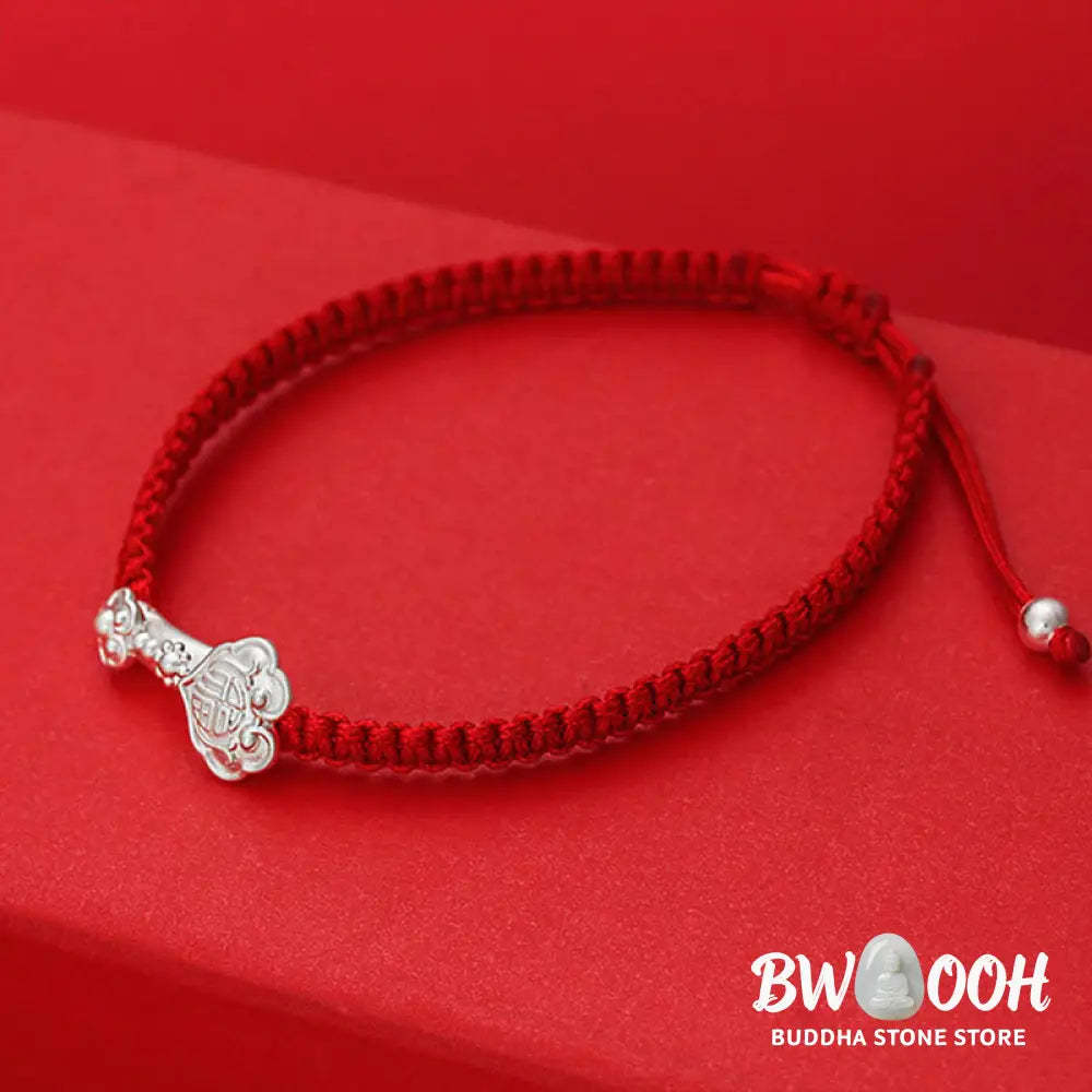 Buddha Stones 999 Sterling Silver Ruyi Fu Character Luck Red String Connection Braided Bracelet - Bracelet