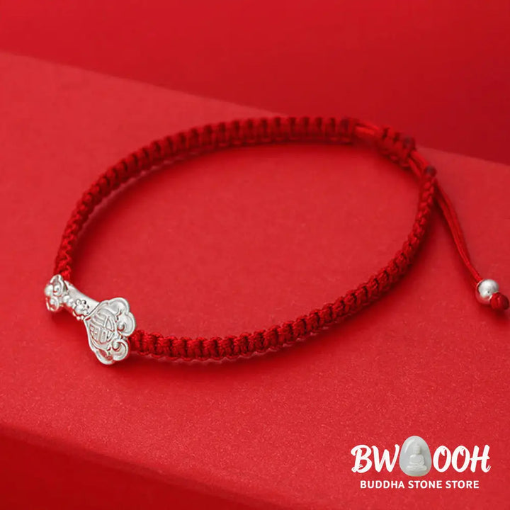 Buddha Stones 999 Sterling Silver Ruyi Fu Character Luck Red String Connection Braided Bracelet - Bracelet