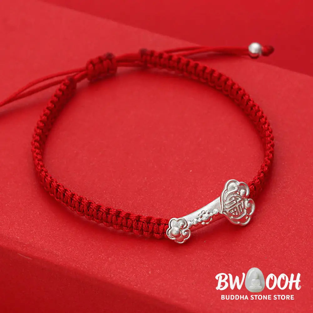 Buddha Stones 999 Sterling Silver Ruyi Fu Character Luck Red String Connection Braided Bracelet - Bracelet