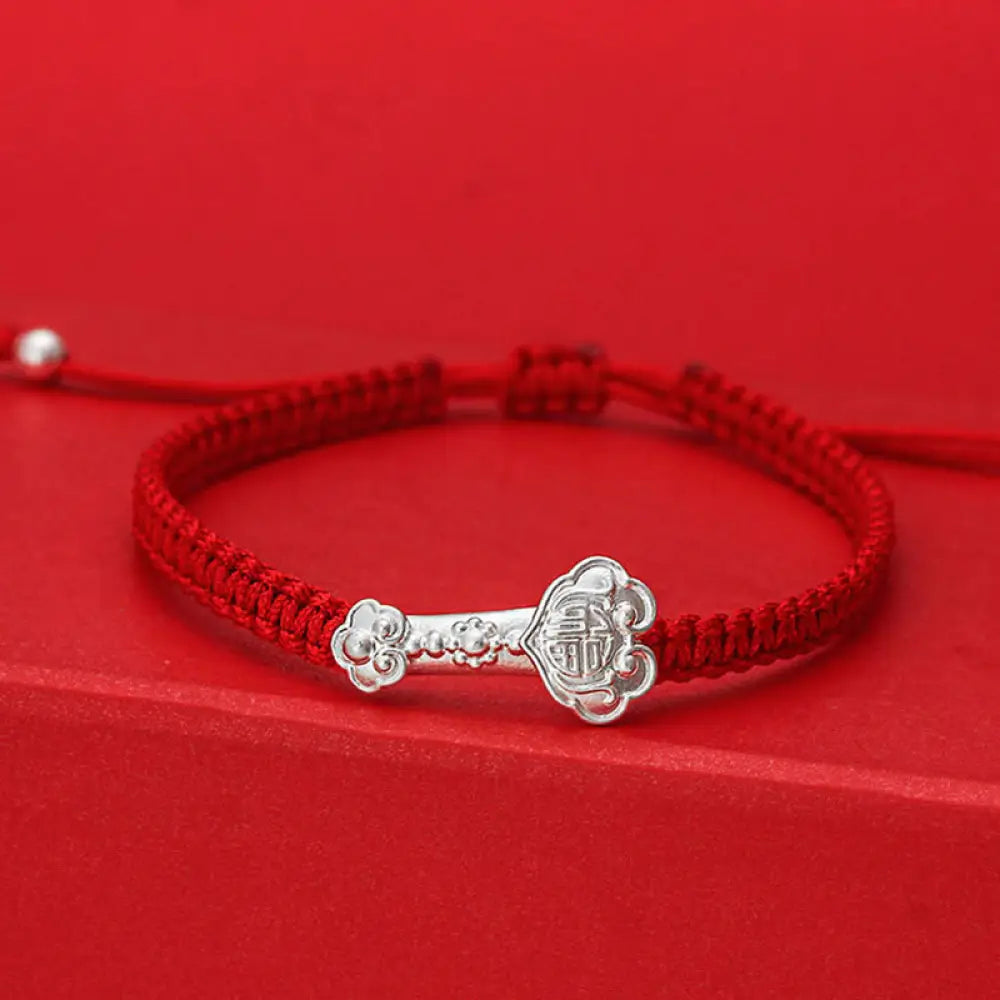 BWOOOH 999 Sterling Silver Ruyi Fu Character Luck Red Str