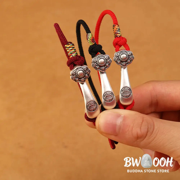 Buddha Stones 999 Sterling Silver Ruyi Stick String Protection Braided Bracelet - BWOOOH - Bracelet