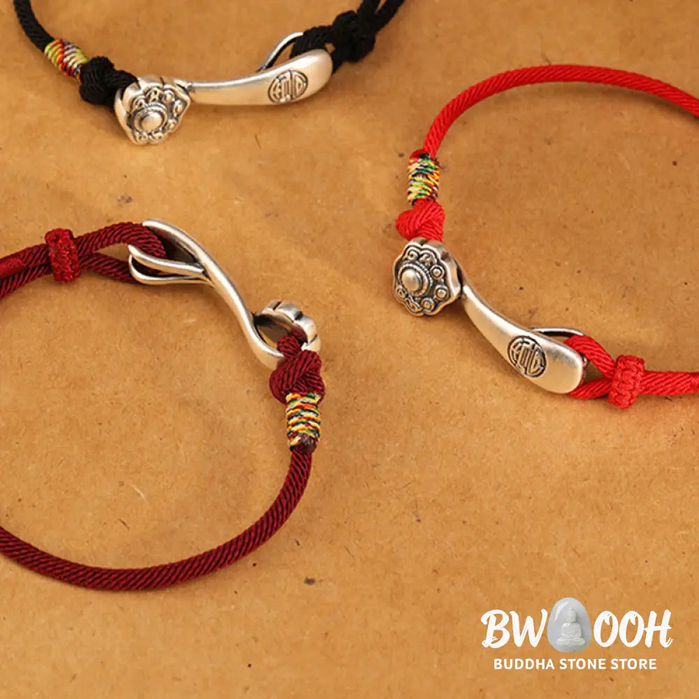 Buddha Stones 999 Sterling Silver Ruyi Stick String Protection Braided Bracelet - BWOOOH - Bracelet