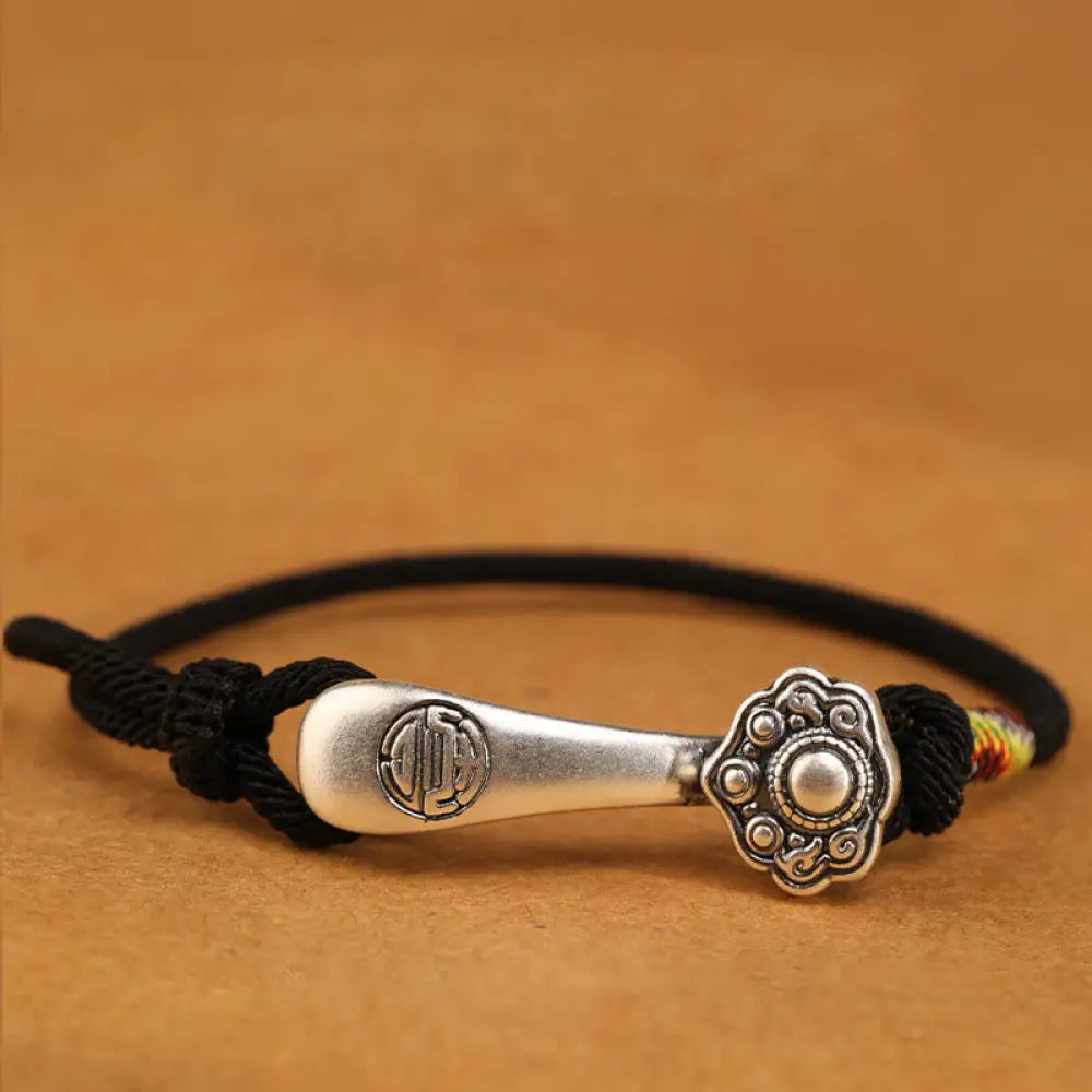 Buddha Stones 999 Sterling Silver Ruyi Stick String Protection Braided Bracelet - BWOOOH - Black Rope / 14-18cm